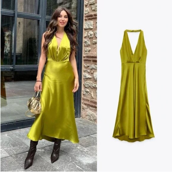 Zara Satin Halter Neck Midi Dress in Green, Size Medium NEW WITH TAG! - Picture 4 of 10